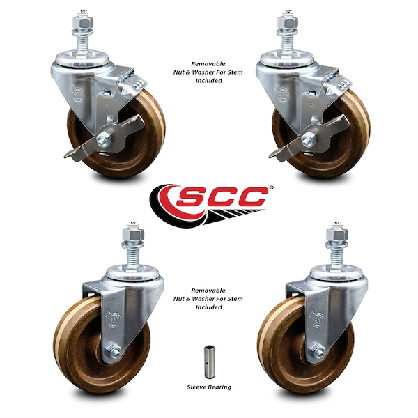 Service Caster 4 Inch High Temp Phenolic Wheel Swivel 1/2 Inch Threaded Stem Caster Brakes, 2PK SCC-TS20S414-PHSHT-121315-2-TLB-2 - main